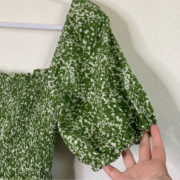 Abercrombie & Fitch Womens Green/ White Smocked tiered linen blend Midi Dress MT - Picture 4 of 10